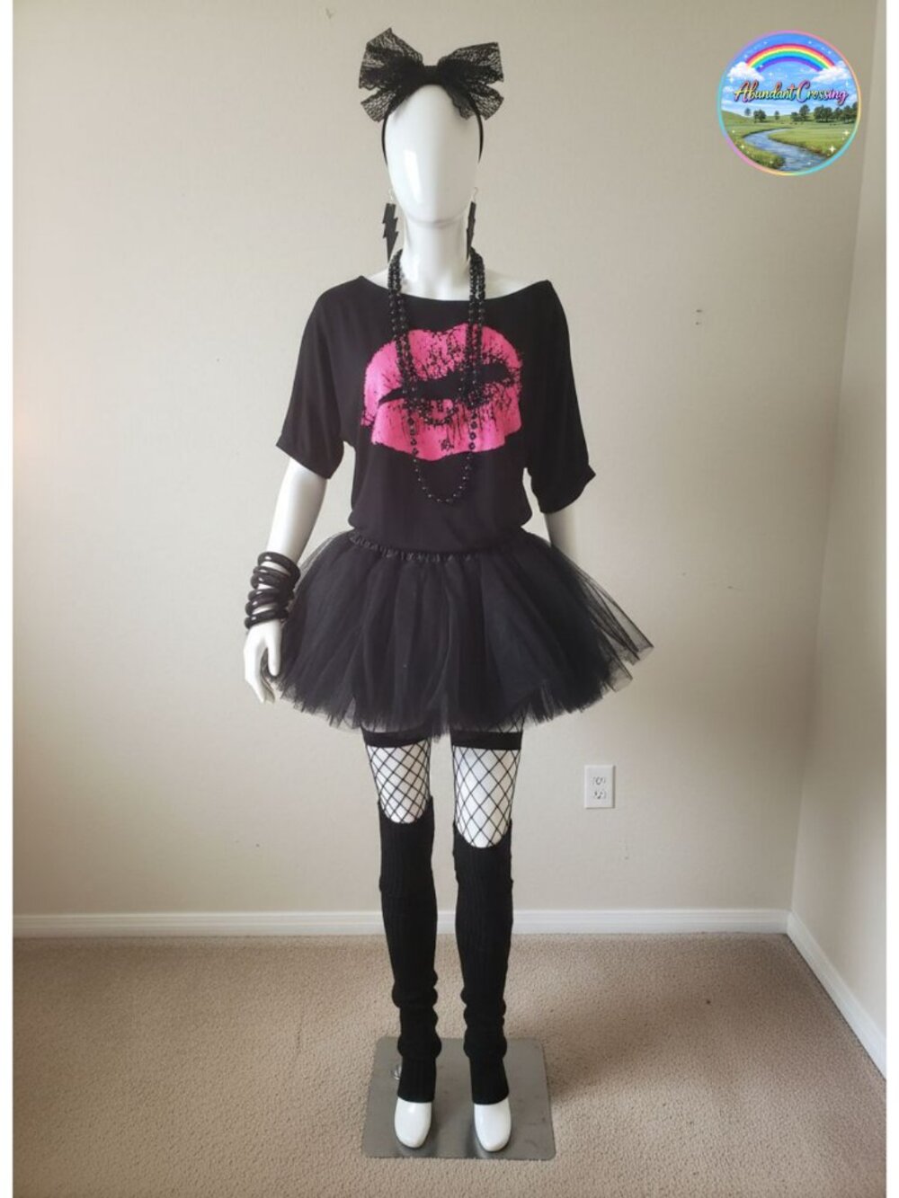 80s Costume Set Lips Print Tee Tutu Fishnet Gloves Leg Warmers Neon Party